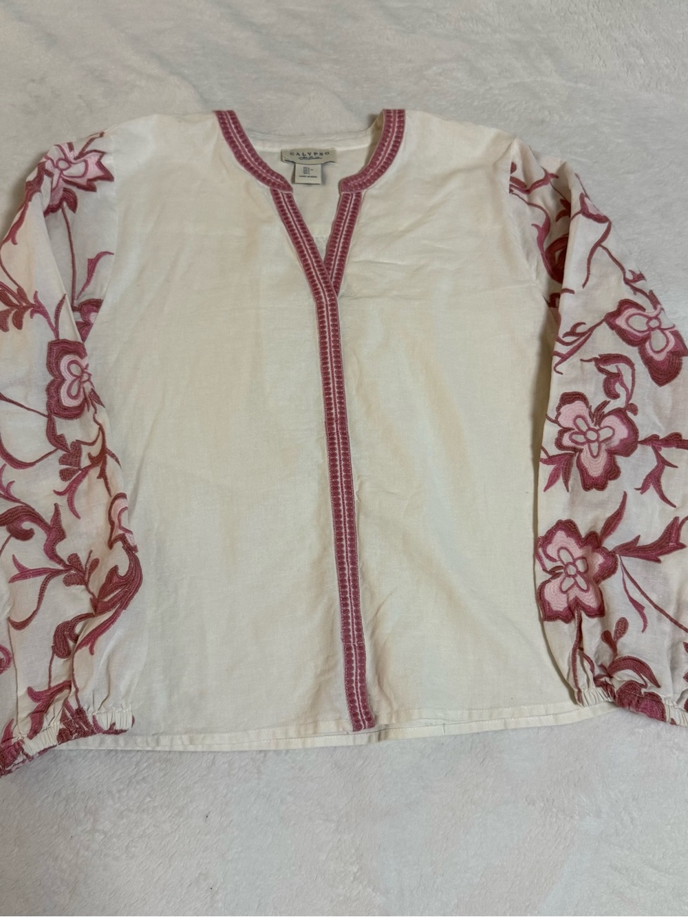 Calypso St Barth Womens L Embroidered Floral Linen Cotton Blouse Boho Pink Ivory